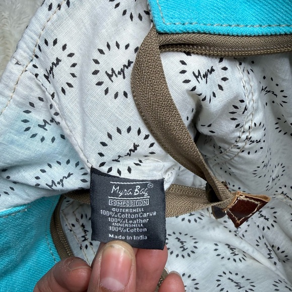NWT Myra Curation Tote Bag Cotton Leather Turquoise Blue Brown Western Aztec - Picture 10 of 11